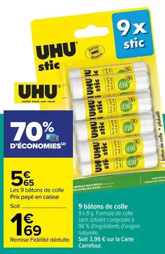 Carrefour Uhu 9 bâtons de colle offre