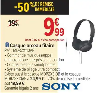 Carrefour Sony casque arceau filaire offre
