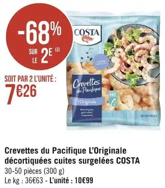 Géant Casino Costa crevettes du pacifique l’originale décortiquées cuites surgelées offre