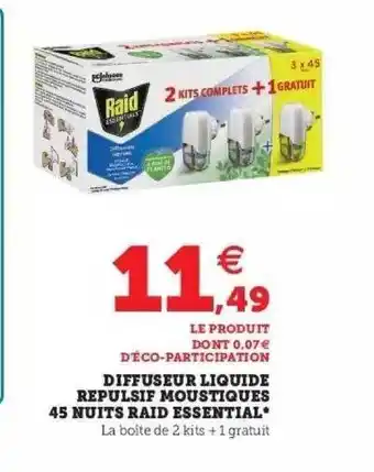 Super U Diffuseur Liquide Repulsif Moustiques 45 Nuits Raid Essential offre