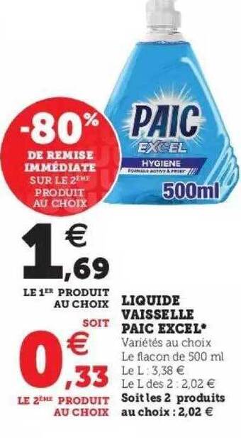 Super U Liquide Vaisselle Paic Excel offre