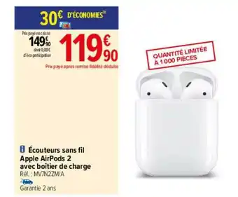 Carrefour écouteurs Sans Fil Apple AirPods 2 Avec Boîtier De Charge offre