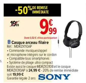 Carrefour Casque Arceau Filaire Sony offre