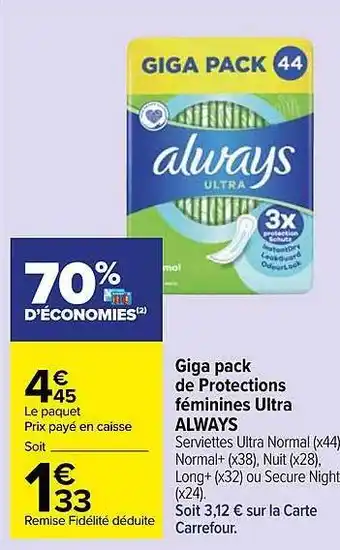 Carrefour Market Giga Pack De Protections Féminines Ultra Always offre