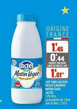 Coccimarket Lait Sans Lactose Facile à Digérer Matin Léger Lactel offre