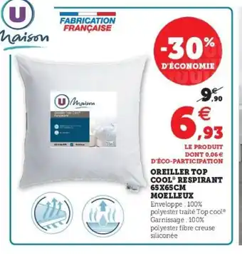 Super U Oreiller Top Cool Respirant 65x65cm Moelleux offre