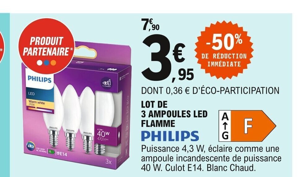 Promo Philips Lot de 3 Ampoules Led Flamme chez E.Leclerc