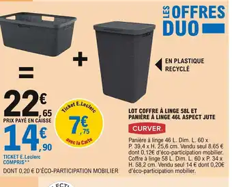 E.Leclerc Lot Coffre à Linge 58L Et Paniere a Linge 46L Aspect Jute offre