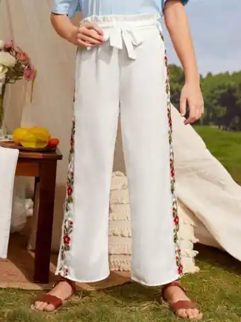 Shein fille pantalon brodé fleur à taille froncée ceinturé