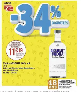 Casino Supermarchés Vodka Absolut offre