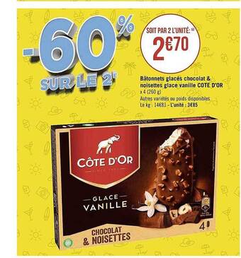 Géant Casino Bâtonnets Glacés Chocolat & Noisettes Glace Vanille Cote D'or offre