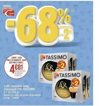 Géant Casino Café Capsules Long Classique L'or Tassimo offre