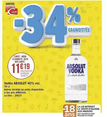 Géant Casino Vodka Absolut 40% Vol. offre