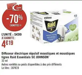 Géant Casino Diffuseur électrique Répulsif Moustiques Et Moustiques Tigres Raid Essentials Sc Johnson offre