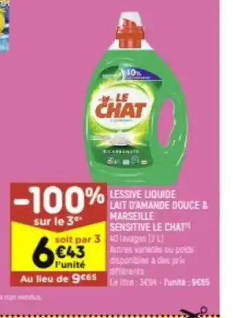 Leader Price Sensitive Le Chat Lessive Liquide Lait d'Amande Douce & Marseille offre