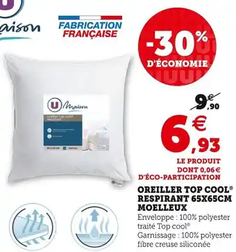 Super U U maison oreiller top cool respirant 65x65cm moelleux offre
