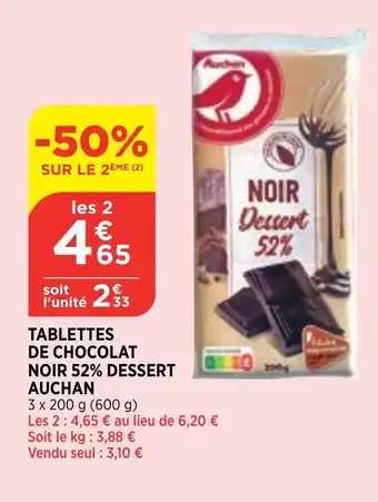 Bi1 Tablettes de Chocolat Noir 52% Dessert Auchan offre