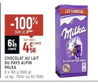 Spar Milka Chocolat Au Lait Du Pays Alpin offre
