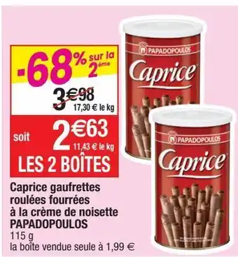 Migros Caprice gaufrettes roulées fourrées à la crème de noisette papadopoulos offre