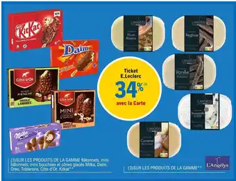 E.Leclerc La Gamme Bâtonnets, Mini Bâtonnets, Mini Bouchées Et Cônes Glacés Milka, Daim, Oreo, Tablerone, Côte D'or, Kitkat, La Gamme L offre