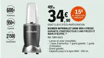 E.Leclerc Blender Nutribullet 600w Gris 4 Pièces offre