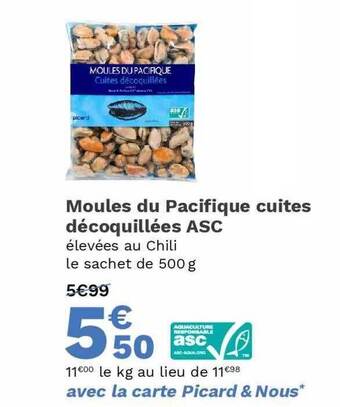 Picard Moules Du Pacifique Cuites Décoquillées Asc offre