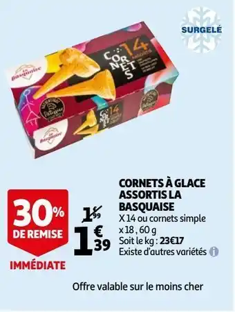Auchan Cornets à glace assortis la basquaise offre