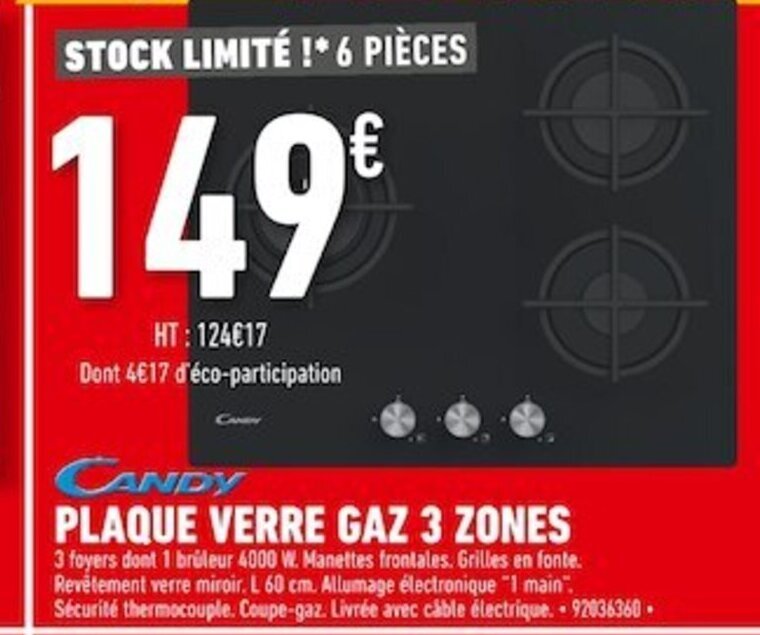 Promo Plaque Verre Gaz 3 Zones chez Batkor