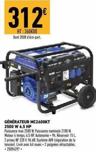 Générateur Mc2600kt 2500 W 6,5 Hp