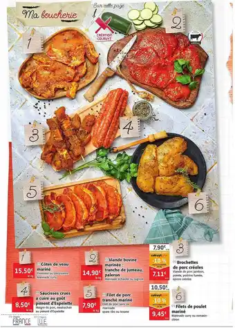 Colruyt Côtes De Veau Mariné, Saucisses Crues à Cuire Au Goût Piment D'espelette, Viande Bovine Marinée : Tranche De Jumeau, Paleron, offre