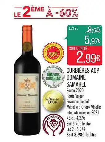 Match Corbières Aop Domaine Samarel offre