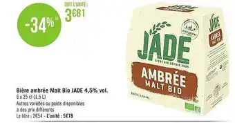 Casino Supermarchés Bière Ambrée Malt Bio Jade 4,5% Vol. offre