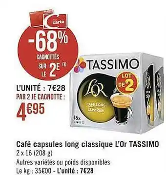 Casino Supermarchés Café Capsules Long Classique L'or Tassimo offre