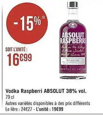 Casino Supermarchés Vodka Raspberri Absolut 38% Vol offre