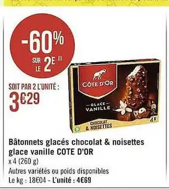 Casino Supermarchés Bâtonnets Glacés Chocolat & Noisettes Glace Vanille Côte D'or offre