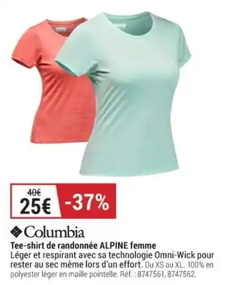 Decathlon COLUMBIA tee-shirt de randonnée ALPINE femme offre
