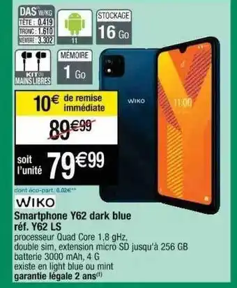 Cora x Carrefour Smartphone Y62 Dark Blue Wiko offre