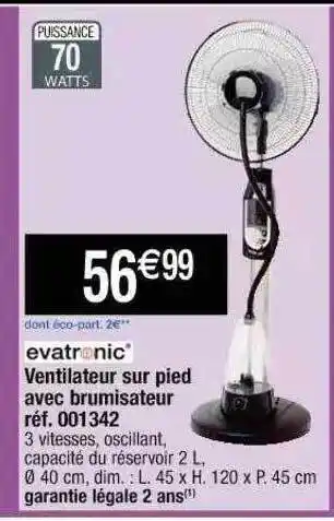 Cora x Carrefour Ventilateur Sur Pied Avec Brumisateur Evatronic offre