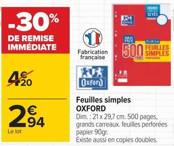Carrefour Oxford feuilles simples offre