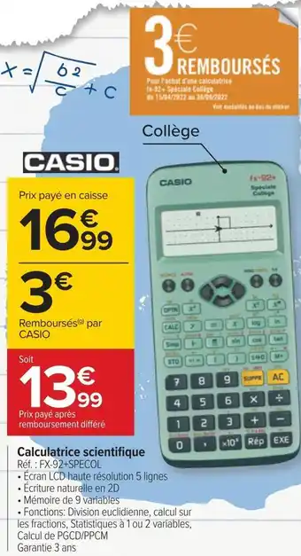 Carrefour Casio calculatrice scientifique offre