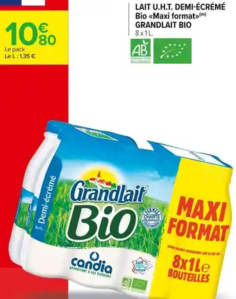 Carrefour Market Grandlait bio lait u.h.t. demi-écrémé bio maxi format offre
