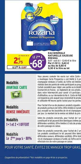 Intermarché Hyper Eau Minérale Naturelle Gazeuse Rozana offre