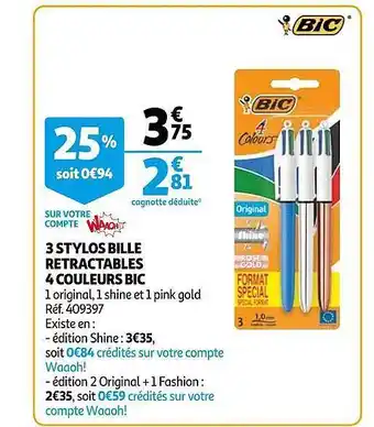 Auchan 3 Stylos Bille Retractables 4 Couleurs Bic offre