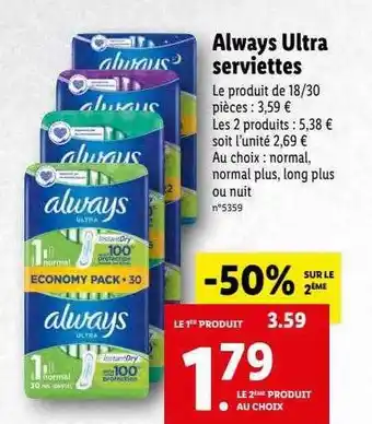 Lidl Always Ultra Serviettes offre