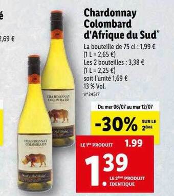 Lidl Chardonnay Colombard D'afrique Du Sud offre