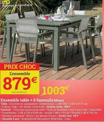 Espace emeraude Ensemble Table + 6 Fauteuils Miami offre