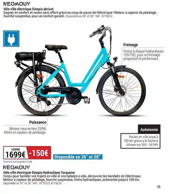 Decathlon Neomouv Vélo Ville électrique Sinapia Abricot Ou Sinapia Hydraulique Turquoise offre