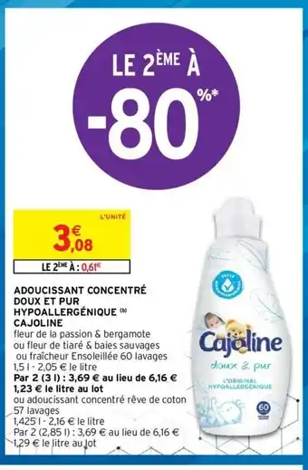 Intermarché Cajoline Adoucissant Concentré Doux Et Pur Hypoallergénique offre