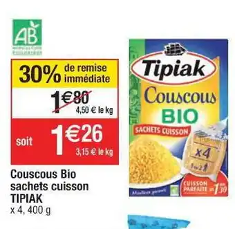Cora x Carrefour Couscous Bio Sachets Cuisson Tipiak offre