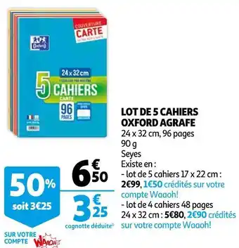 Auchan Oxford lot de 5 cahiers agrafe offre